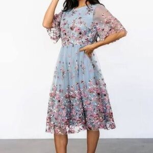 Baltic Born Dusty Blue Midi Dress with Pink Floral Embroidery